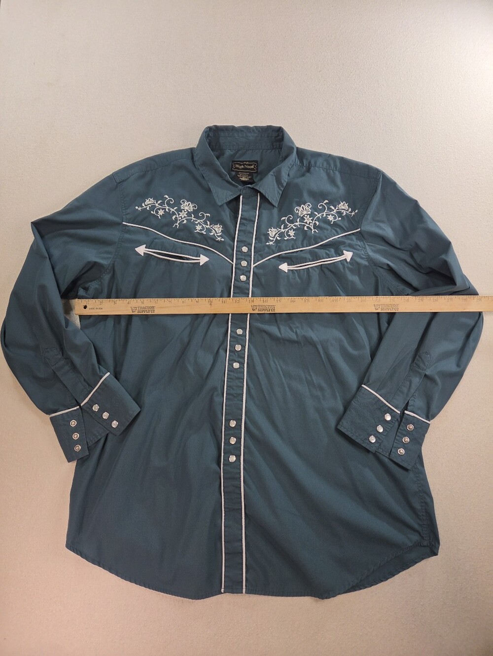 High Noon XL Embroidered Teal Pearl Snap Western Cowboy Shirt - Picture 4 of 7